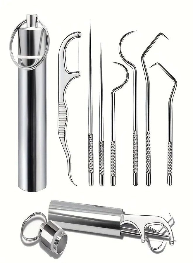 Veemok 7-in-1 Stainless Steel Teeth Cleaning Tool Kit Includes Dental Floss Picks, Toothpicks & Aluminum Tube for Braces & Oral Care (Pack-1) - Image 1